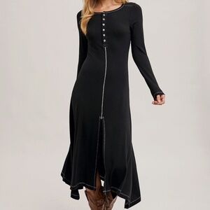 New! by BluIvy Button Down Front Slit Flared Long sleeved Midi Dress Szs S-M-L